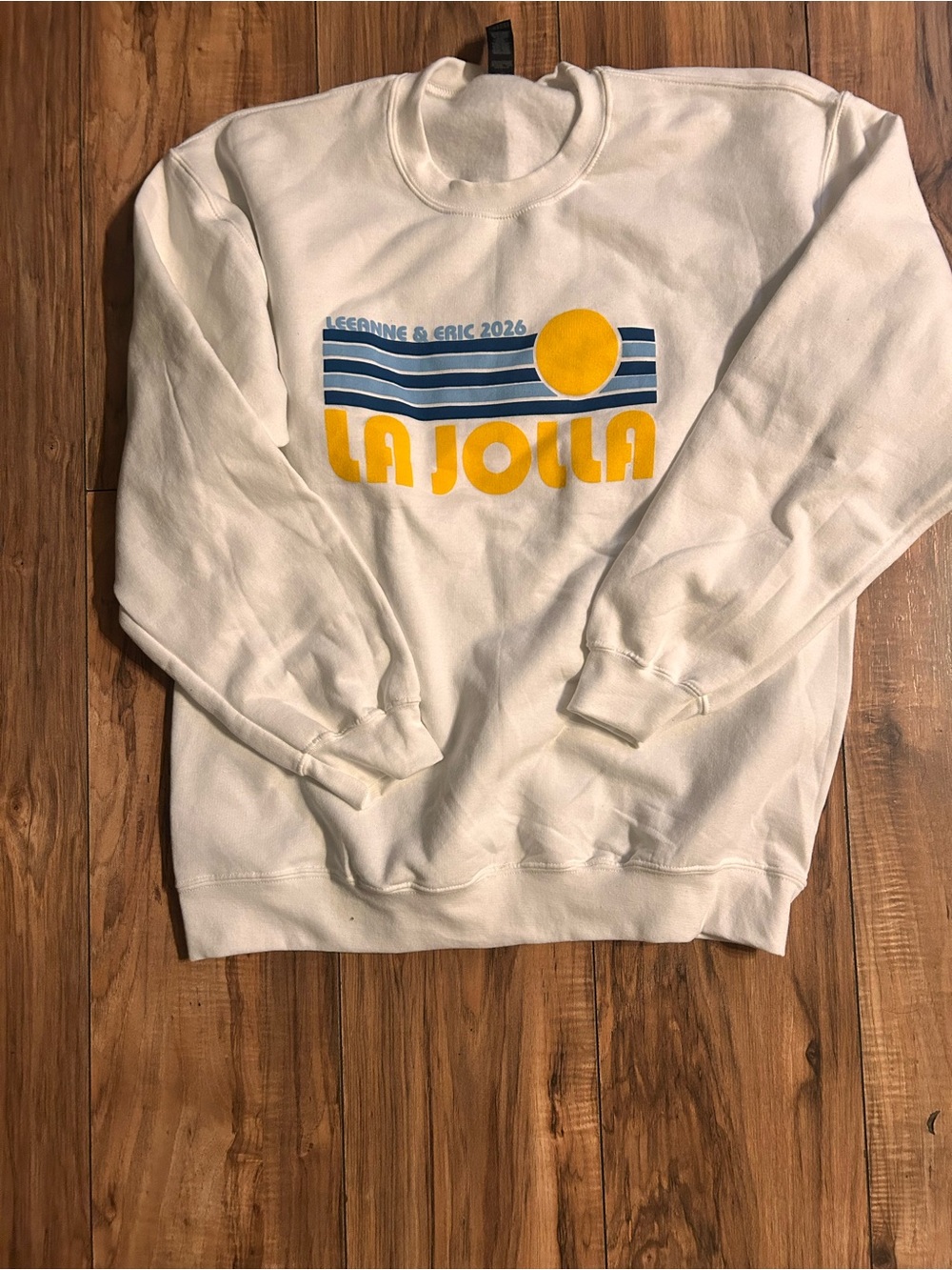 Gildan White Crewneck Sweatshirt with Blue Wave & Yellow Sun La Jolla Graphic